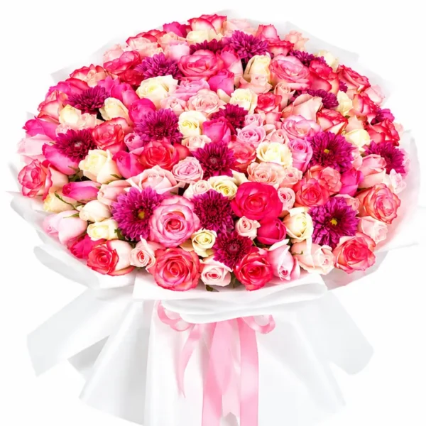 Bouquet Nuage de Rose composé de roses roses, blanches et de fleurs mauves – PrimaRosa